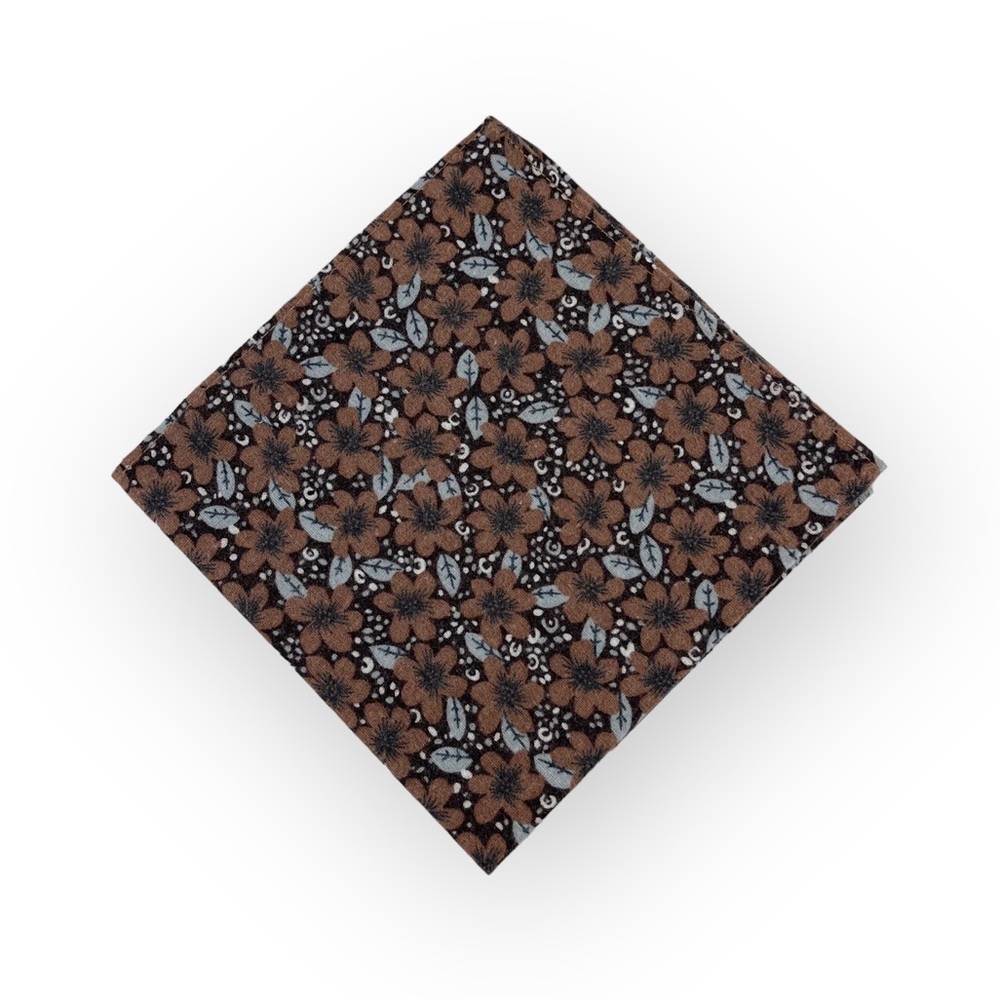 Espresso Brown Whimsical Floral Print Pocket Square Brushed Cotton Handkerchief